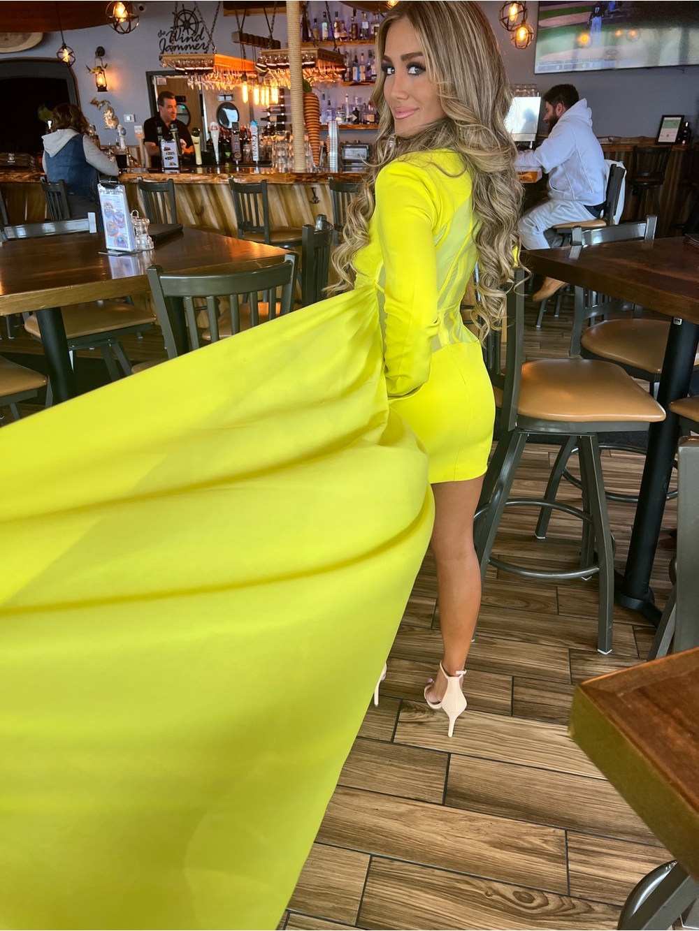 Yellow Long-Train Mini Dress - Women's Elegant Evening Dress - Picture 2 of 6